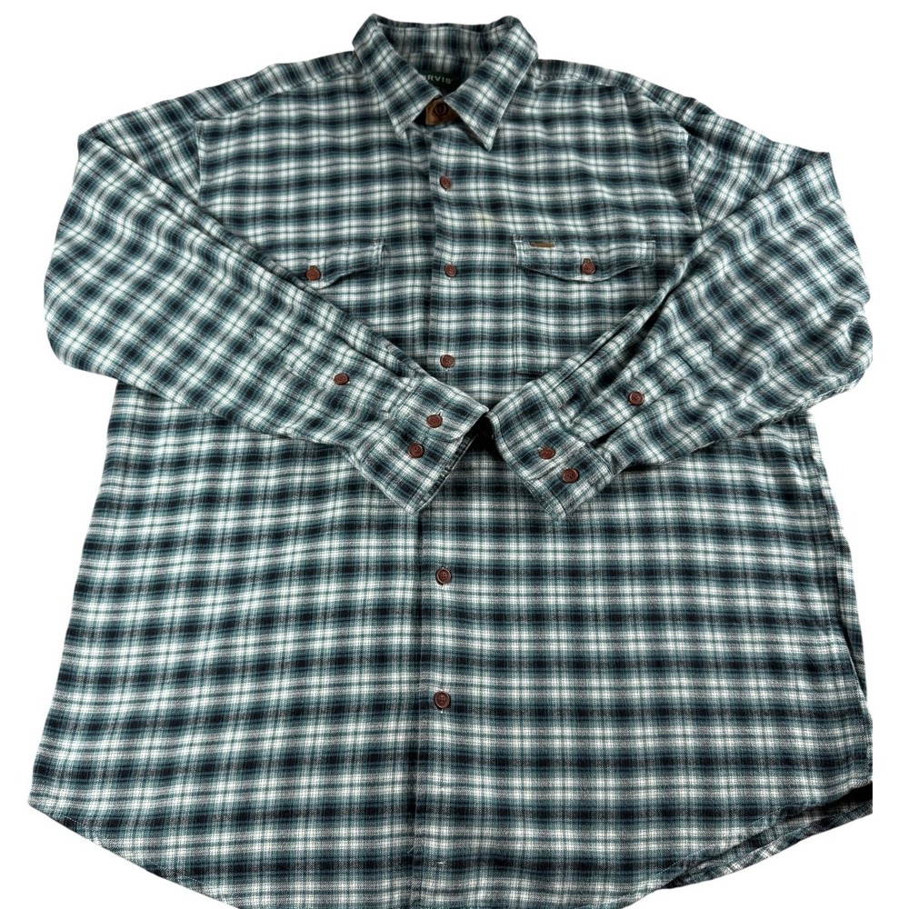 Orvis Men XL Green Plaid Flannel Shirt Cotton Button Front Double Pocket Outdoor